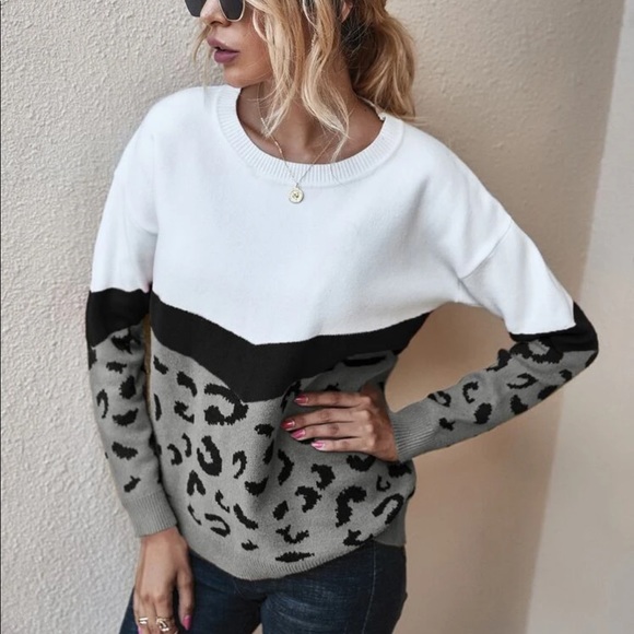 Sweaters - Leopard print chevron knit sweater gray